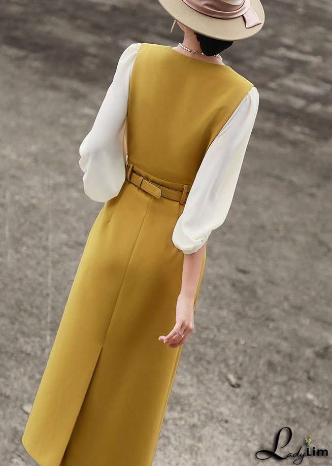 Classy Yellow O Neck Tie Waist Cotton Dress Bracelet Sleeve