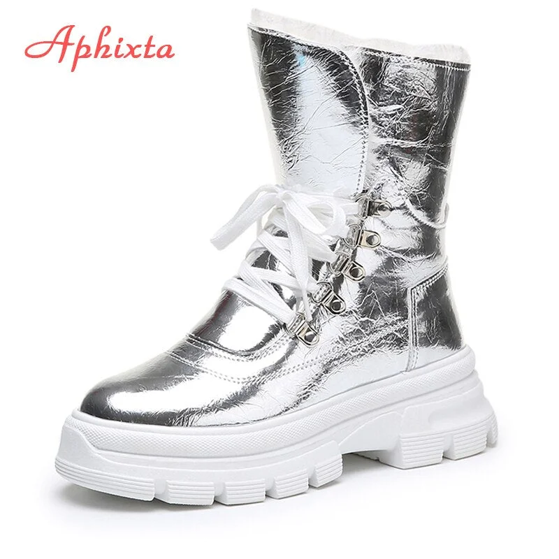 Aphixta Winter Shoes Women Mid-calf Waterproof Snow Boots With Warm Plush Sequined cloth Footwear Platform Boots Woman