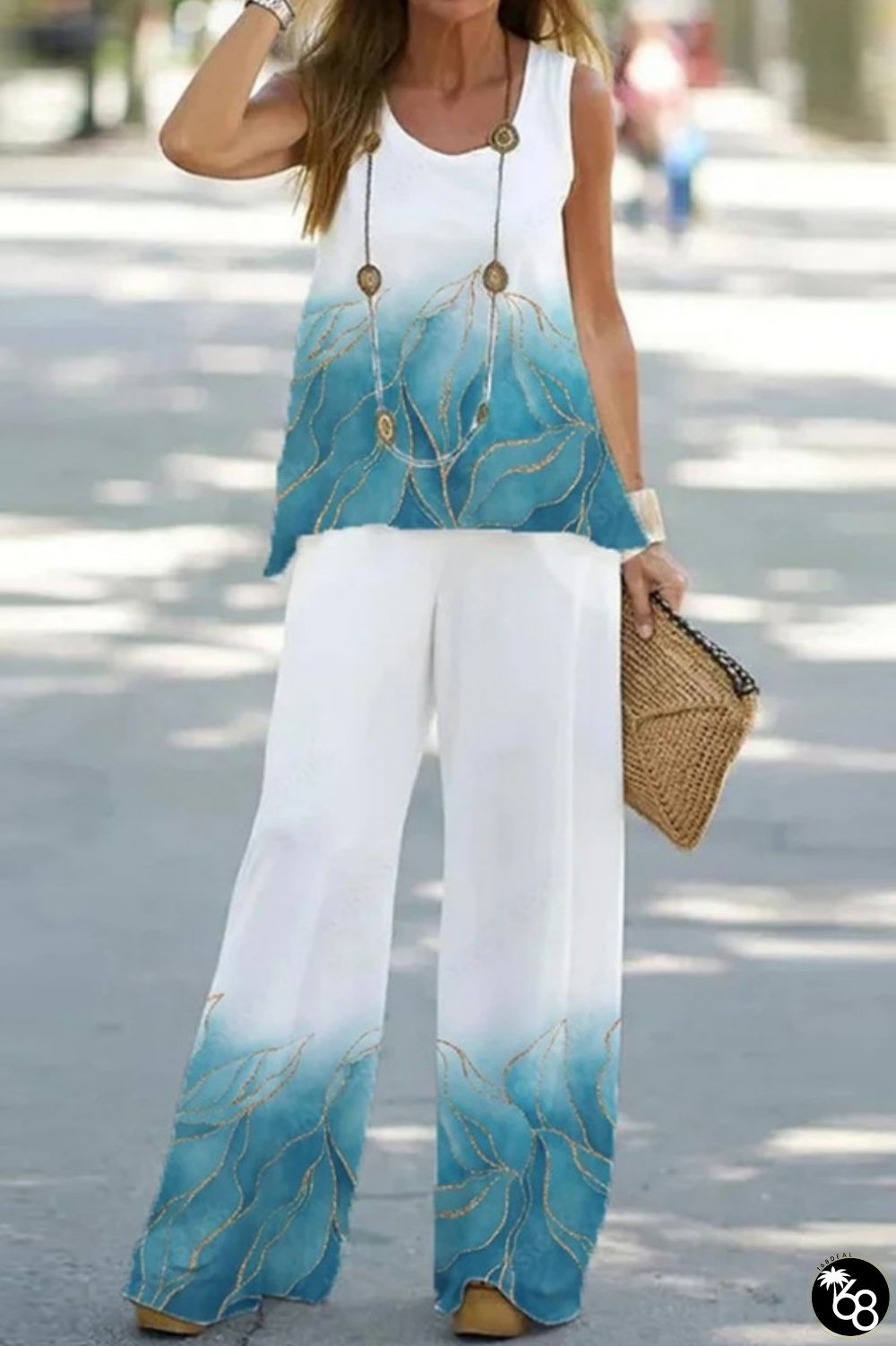 White Blue Casual Print Basic O Neck Sleeveless Two Pieces | 168DEAL