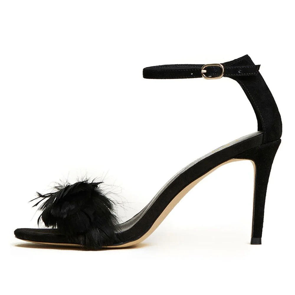 Elegant Feathers Buckle Ankle Strap Round Toe Black Heels Sandals 