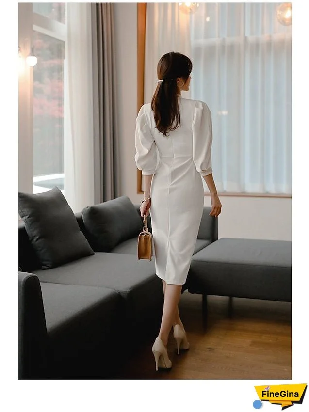 Wrap Dress Mini Dress White Long Sleeve Solid Color Modern Style Fall Spring Round Neck Casual Gentle S M L XL for Women