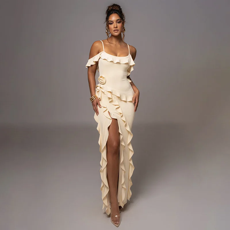 Uveng Uveng Spring Hot New Sexy Fashion Pure Color Back Open Fork Splicing Halter Dress