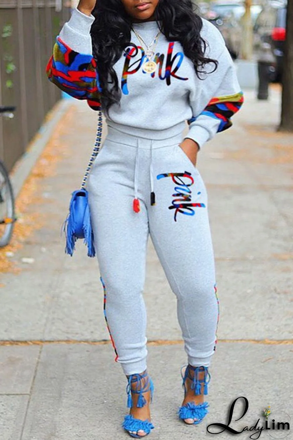 Black Fashion Casual Letter Print Patchwork O Neck Long Sleeve Two Pieces