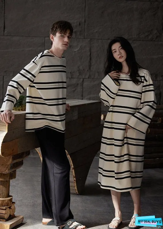 Women Black White Striped O-Neck Cozy Cotton Long Couple Dress Spring
