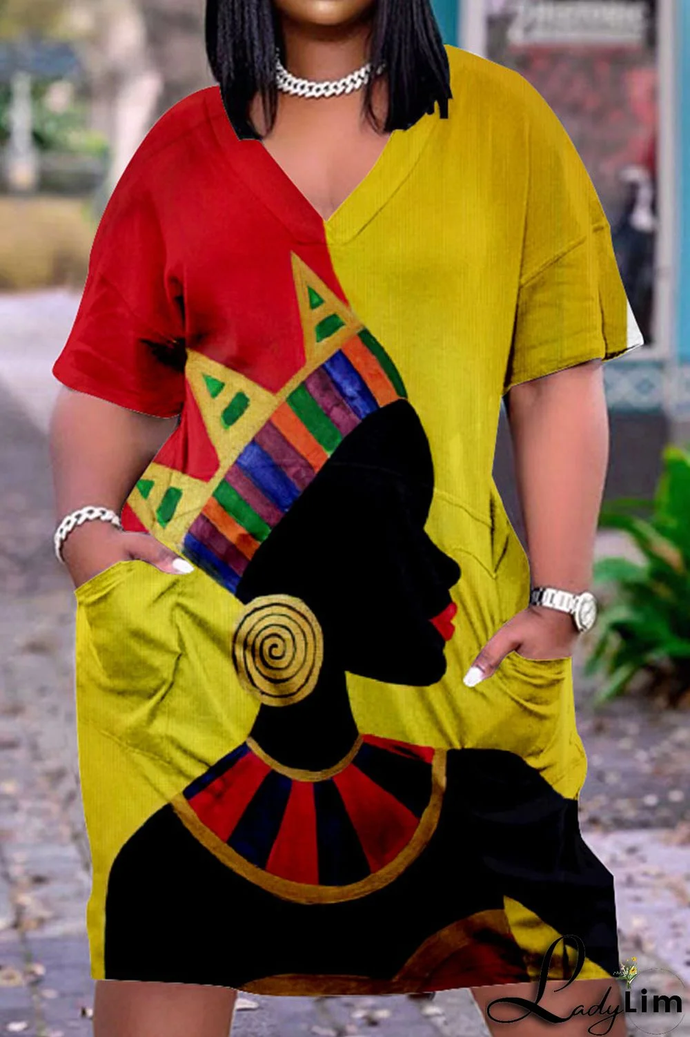 Tangerine Red Fashion Casual Print Basic V Neck Short Sleeve Dress