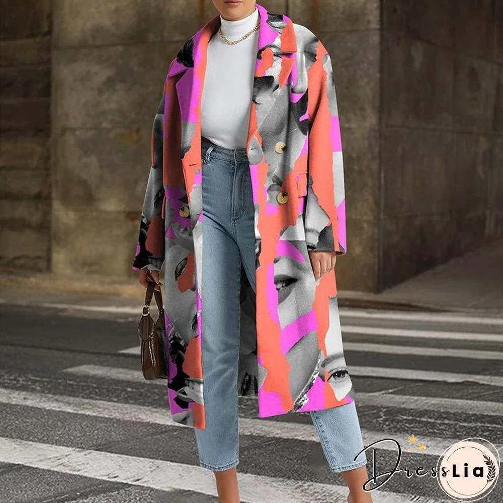 Leaves And Figure Printed Long Coat