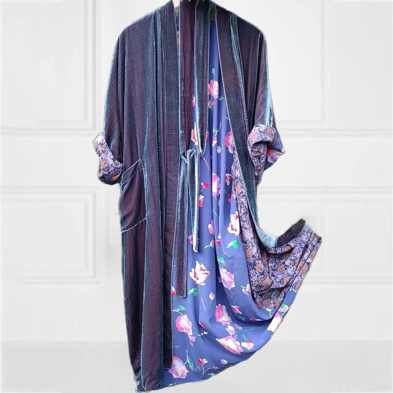 Lined Floral Print Long Sleeve Mid Length Velvet Kimono Duster