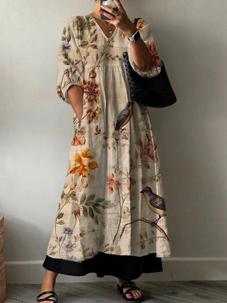 Women's Vintage Lovely Floral Birds Art Print Pocket V-neck Cotton Dress