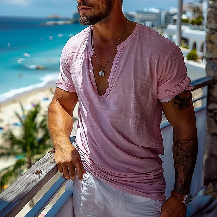Men's casual loose cotton and linen solid color short-sleeved tops