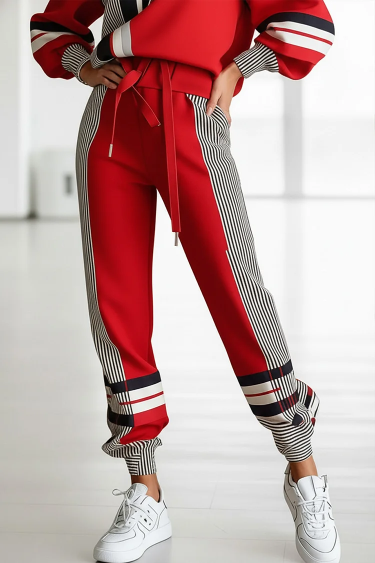 Plus Size Daily Red Striped Pull-On Waist Casual Pocket Pants 2024 - Xpluswear