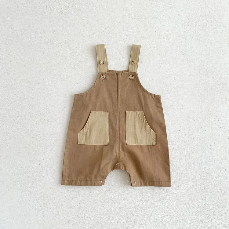 Baby Boy 95% Cotton Solid Block Color Pocket Design Summer Sleeveless Snap Overalls Casual Romper