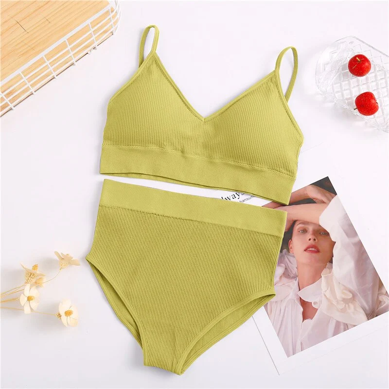 2PCS Women Bra Set Soft Brassiere + High Waist Panties Female Underwear Intimates Lingerie cconjuntos de mujer Tank Crop Tops
