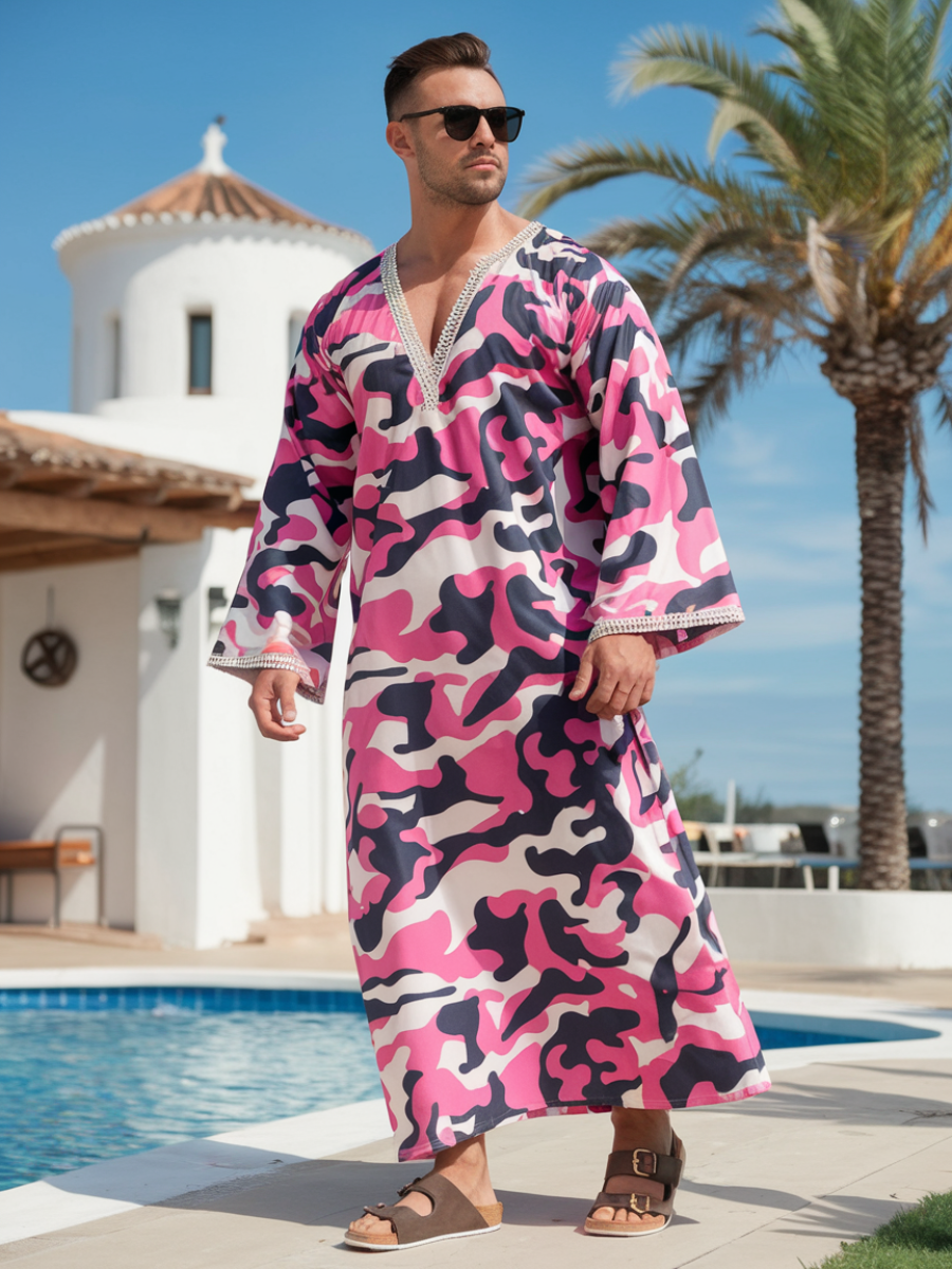 Men's Pink Camouflage Polyester V-Neck Kaftan