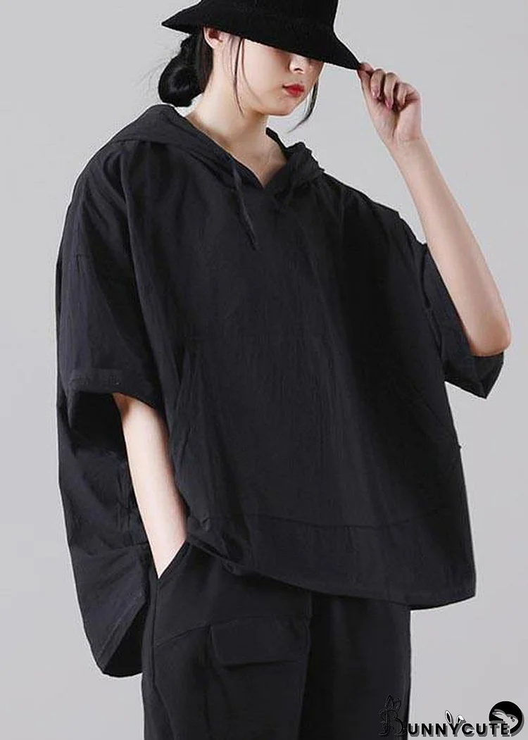 Style Black Pockets Loose Cotton Blouse Top Summer