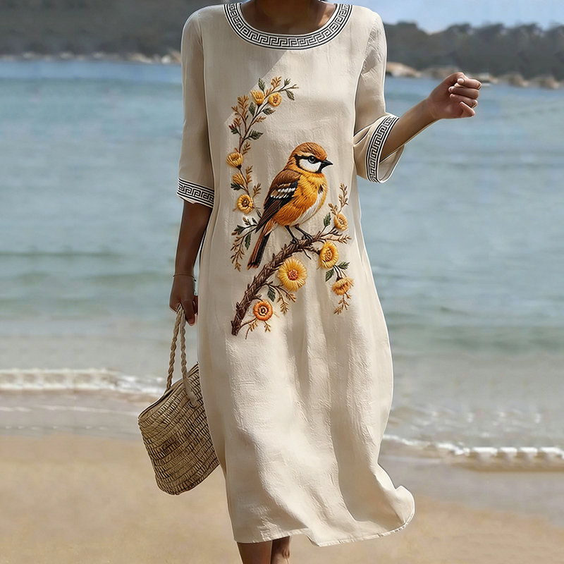 Women's Japanese Floral & Birds Art Linen-blend Maxi Dress elevenforest