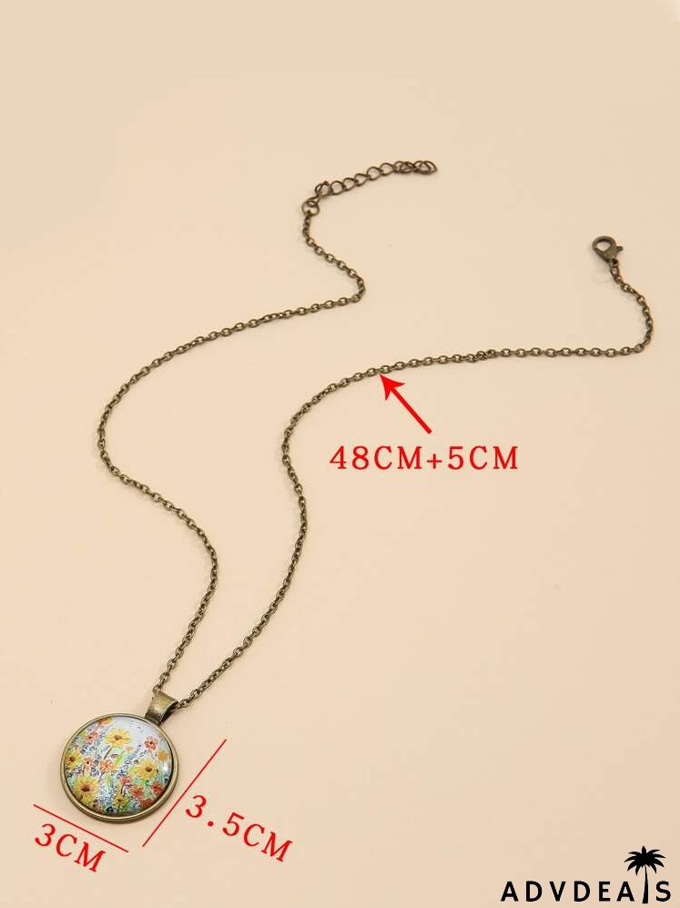 Flower Print Round Pendant Necklace