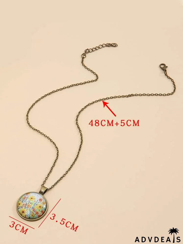 Flower Print Round Pendant Necklace