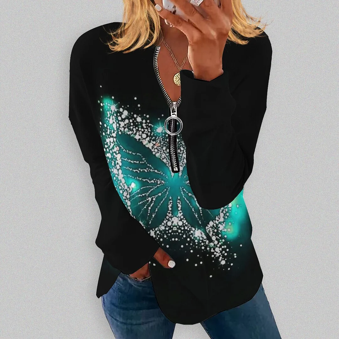 Rhinestone Butterfly Print Long Sleeve T-Shirt