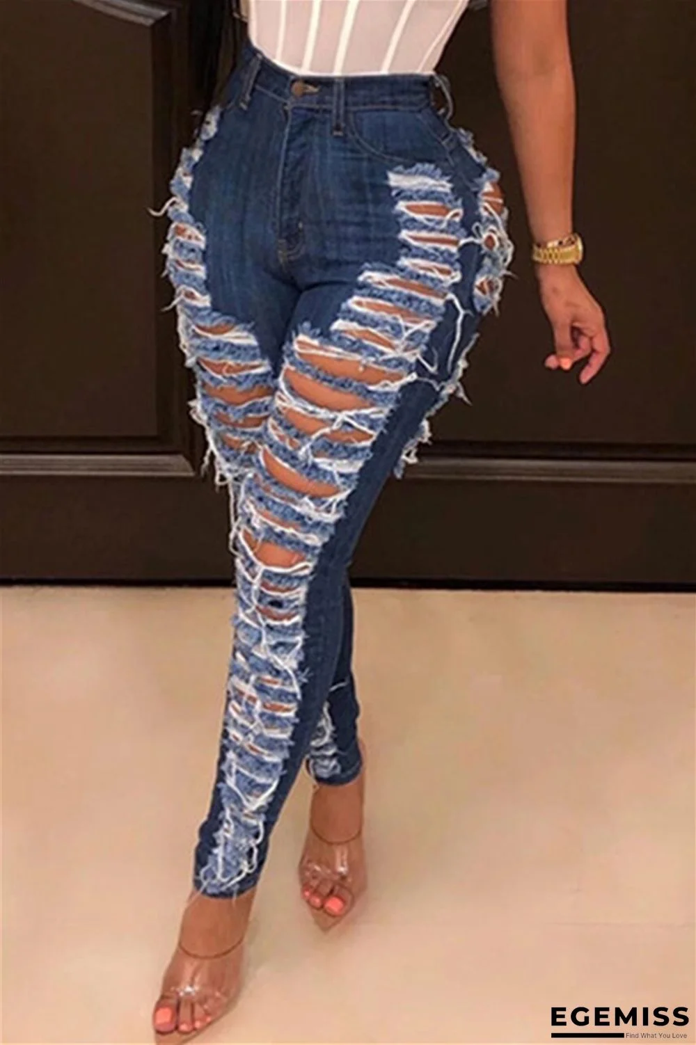 Dark Blue Fashion Casual Solid Ripped High Waist Skinny Denim Jeans | EGEMISS