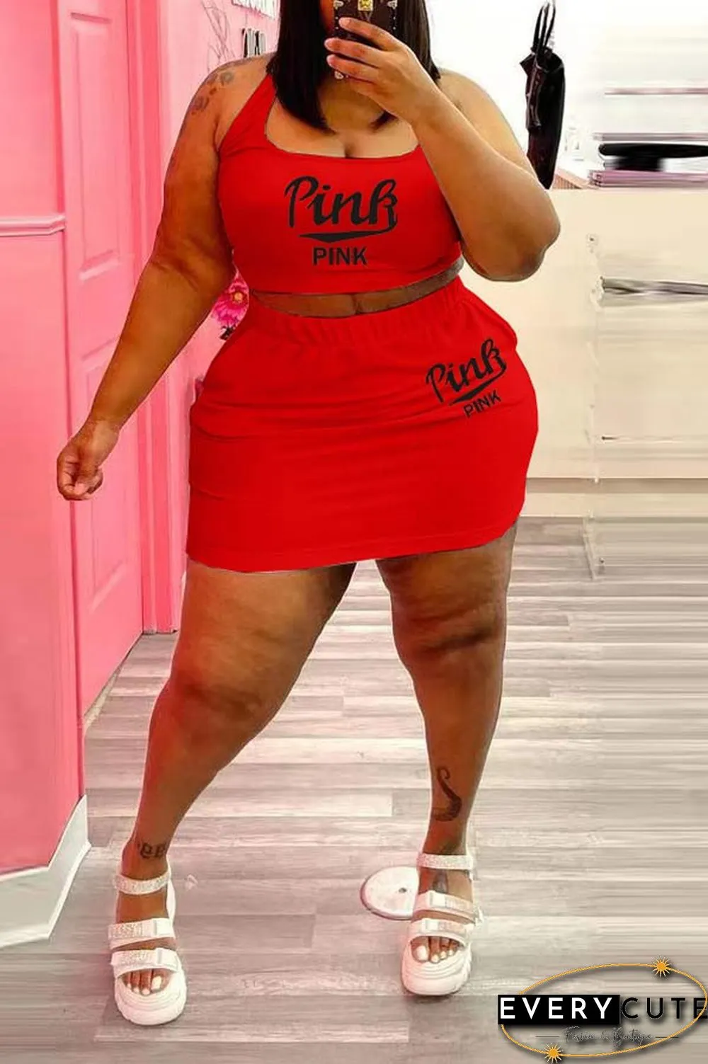 Fashion Plus Size Print Vest Skirt Set