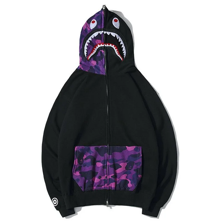 Shark Print Hoodie Autumn and Winter Stitching Pocket Zipper Fleece Padded Coat Men and Women Couple