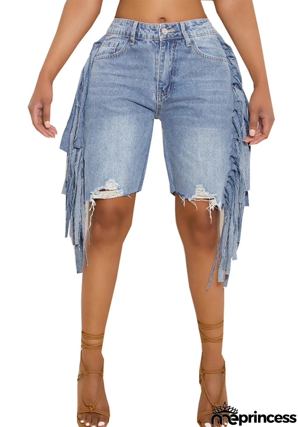 Summer Denim Stretch Pants Tassel Denim Stretch Knee-Length Shorts