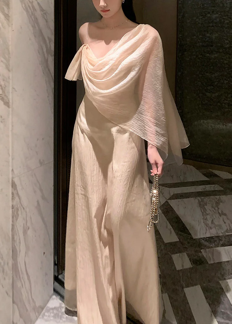 Elegant Apricot Asymmetrical Solid Silk Maxi Dresses Summer