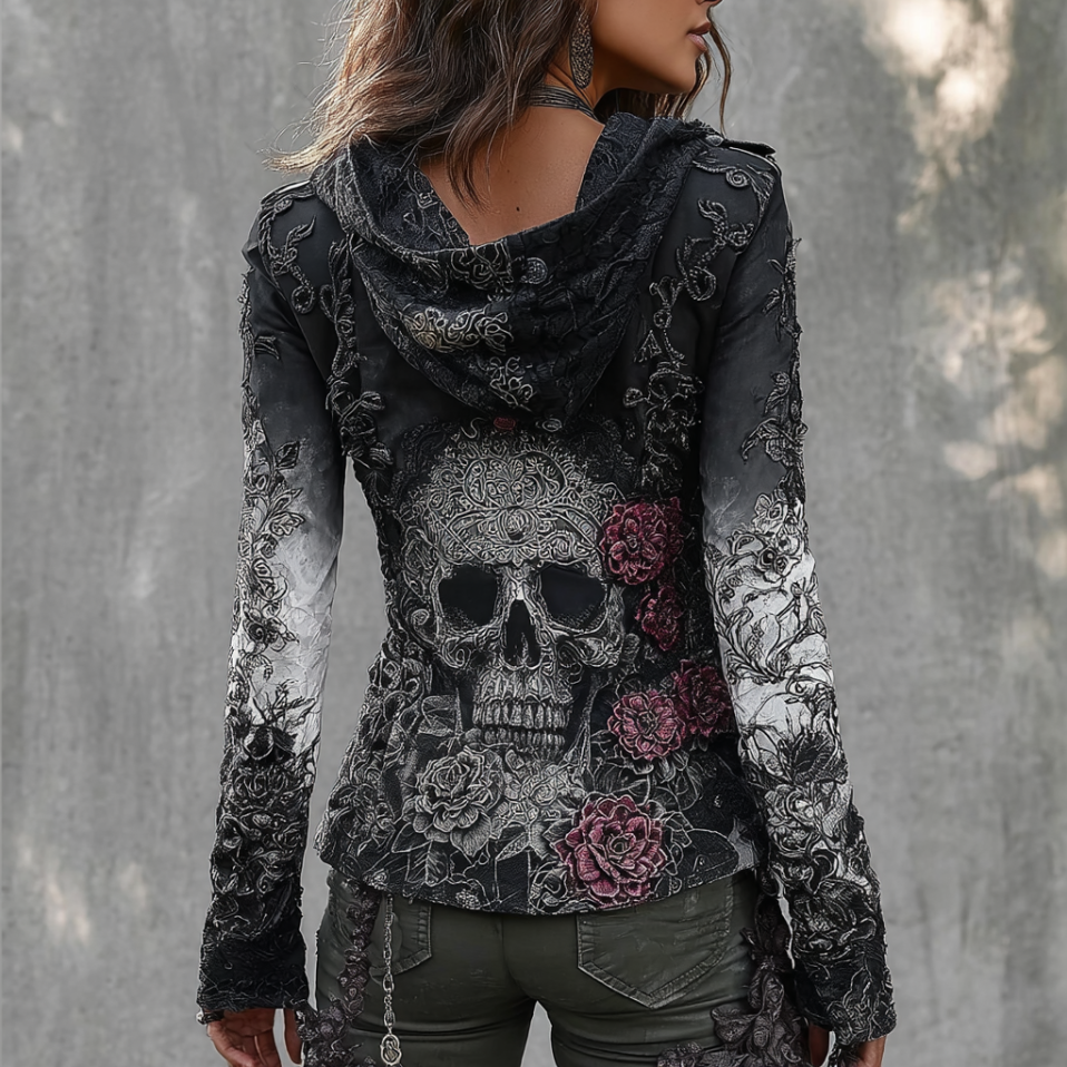 A Retro Women's Black-white Gradient Hooded Top With Gothic Skull And Floral Elements Design For Halloween.