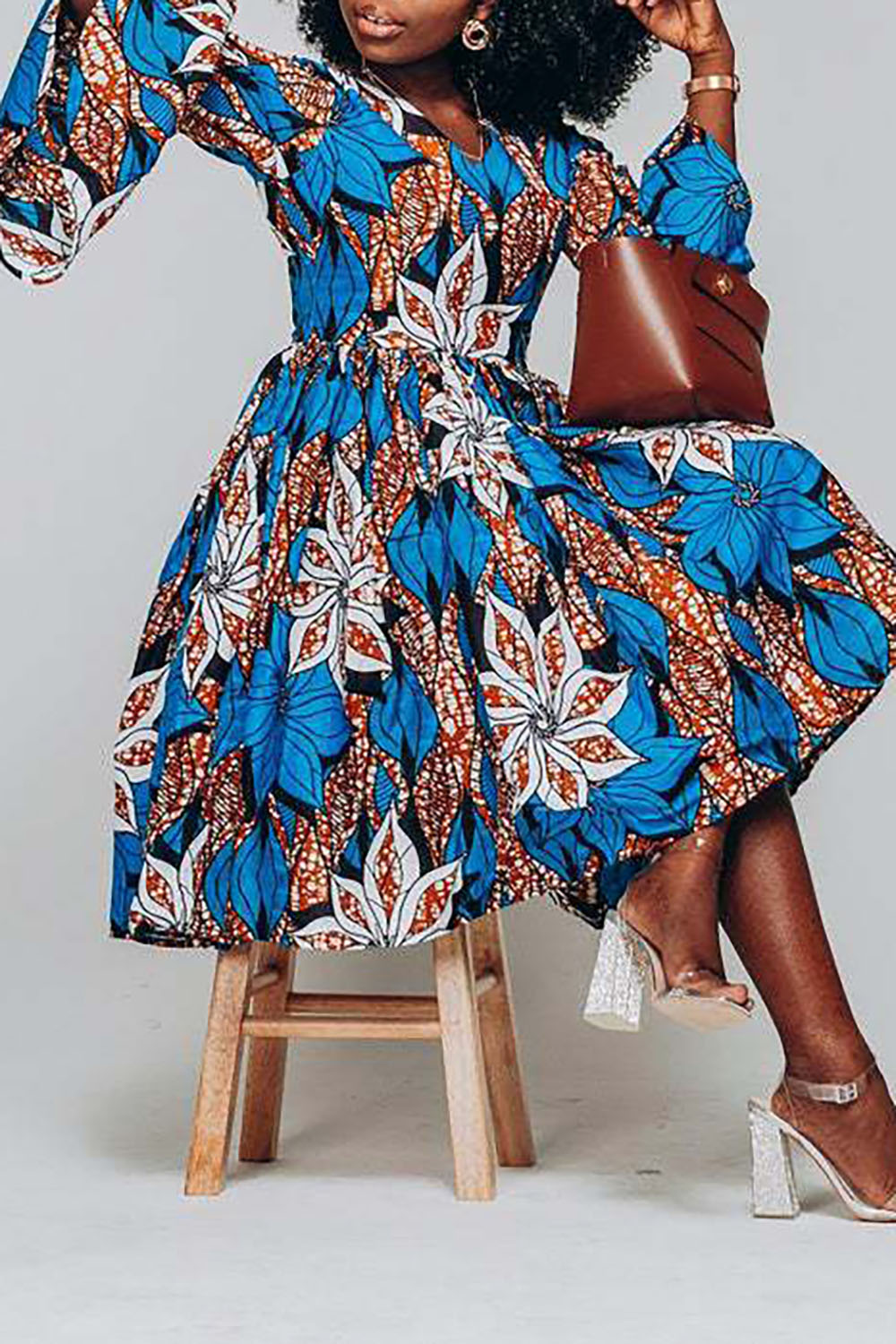 Plus Size Semi Formal Midi Dress Blue All Over Ankara Print V Neck Flare 3/4 Sleeve Midi Dress