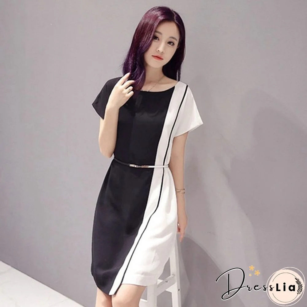 Summer Women Fashion Chiffon Mini Dress Black White Short Sleeve O-Neck Dress