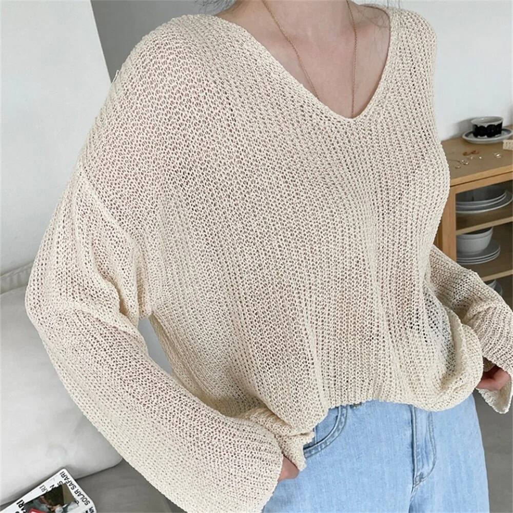 Jangj Alien Kitty Oversize Women Knitted Pullovers V-Neck Summer Lazy Style 2022 Solid All Match Fashion Loose Chic Casual Sweaters