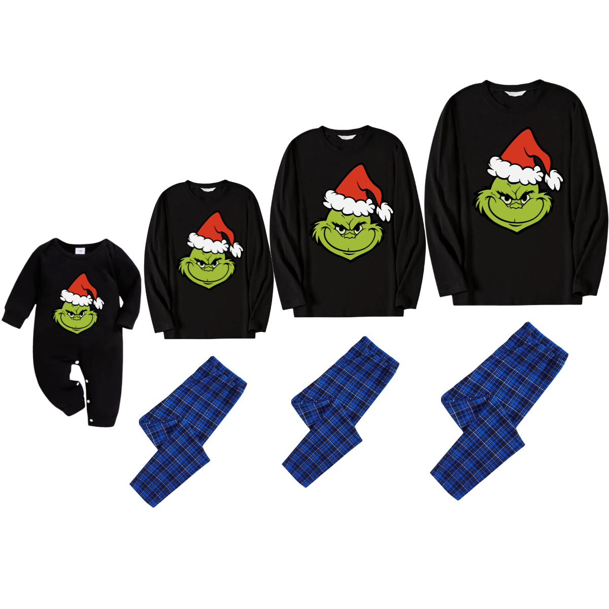 Christmas Cartoon Pattern Print Black Long Sleeve Top with Blue & Black Plaid Family Matching Pajamas