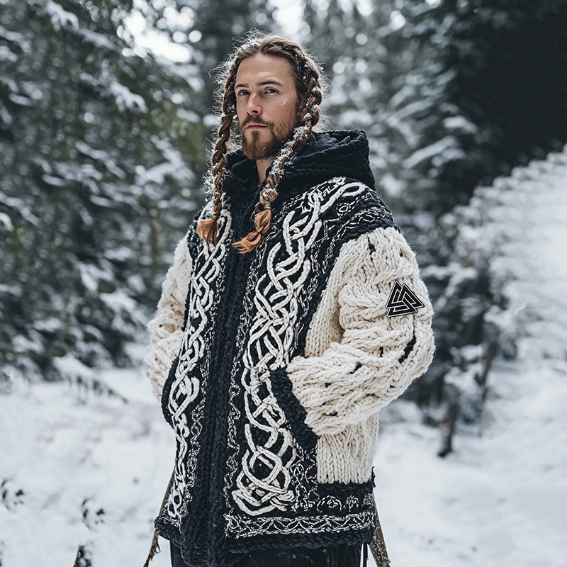 Men's Viking Tribal Jacquard Celtic Chunky Knit Zipper Hooded Cardigan