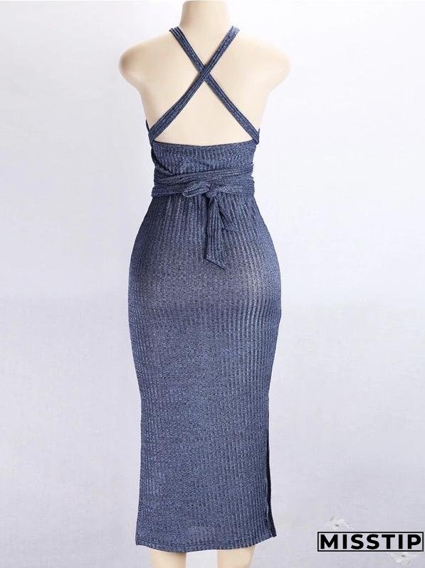 Solid Color Three Seasons Sexy Slim Extended Sleeveless Backless Long Dress