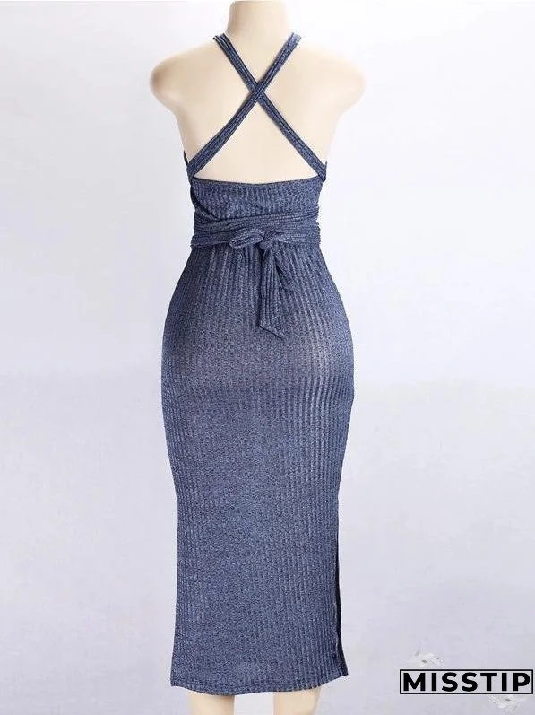 Solid Color Three Seasons Sexy Slim Extended Sleeveless Backless Long Dress