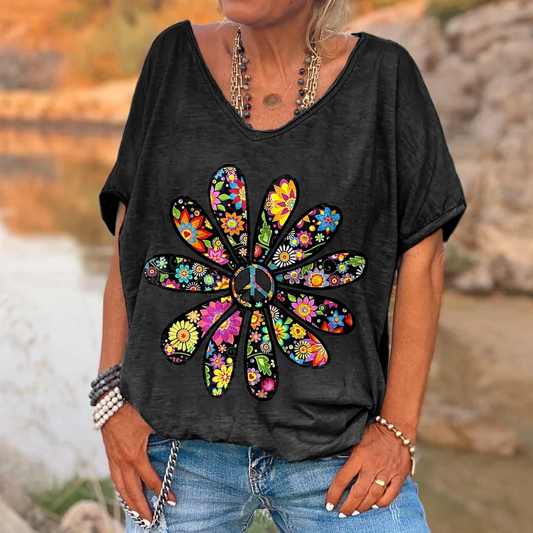 Colored Peace Flower Print V-neck Women's T-shirt
