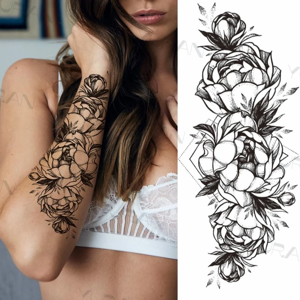 Black Large Snake Flower Fake Tattoo Sticker For Women Dot Rose Peony Temporary Tattoos DIY Water Transfer Tatoos Girls 1029