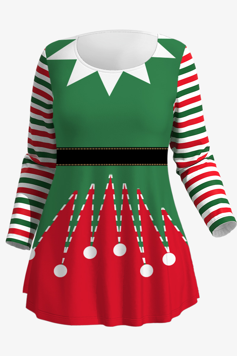 Flycurvy Plus Size Christmas Green Clown Sash Belt Striped Print Long Sleeve T-Shirt 2024 - Flycurvy 