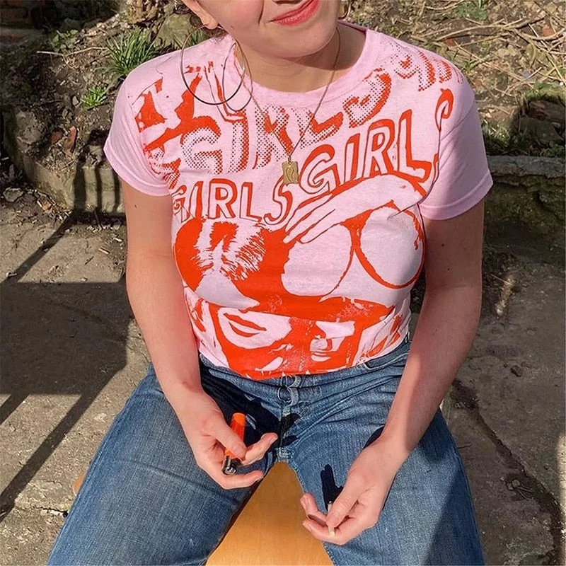 E-girl Harajuku Graphic Print T-shirt 90s Women Vintage Crop Top Y2K Aesthetic Summer Slim Fit Tees Tops Streetwear Gothic Punk