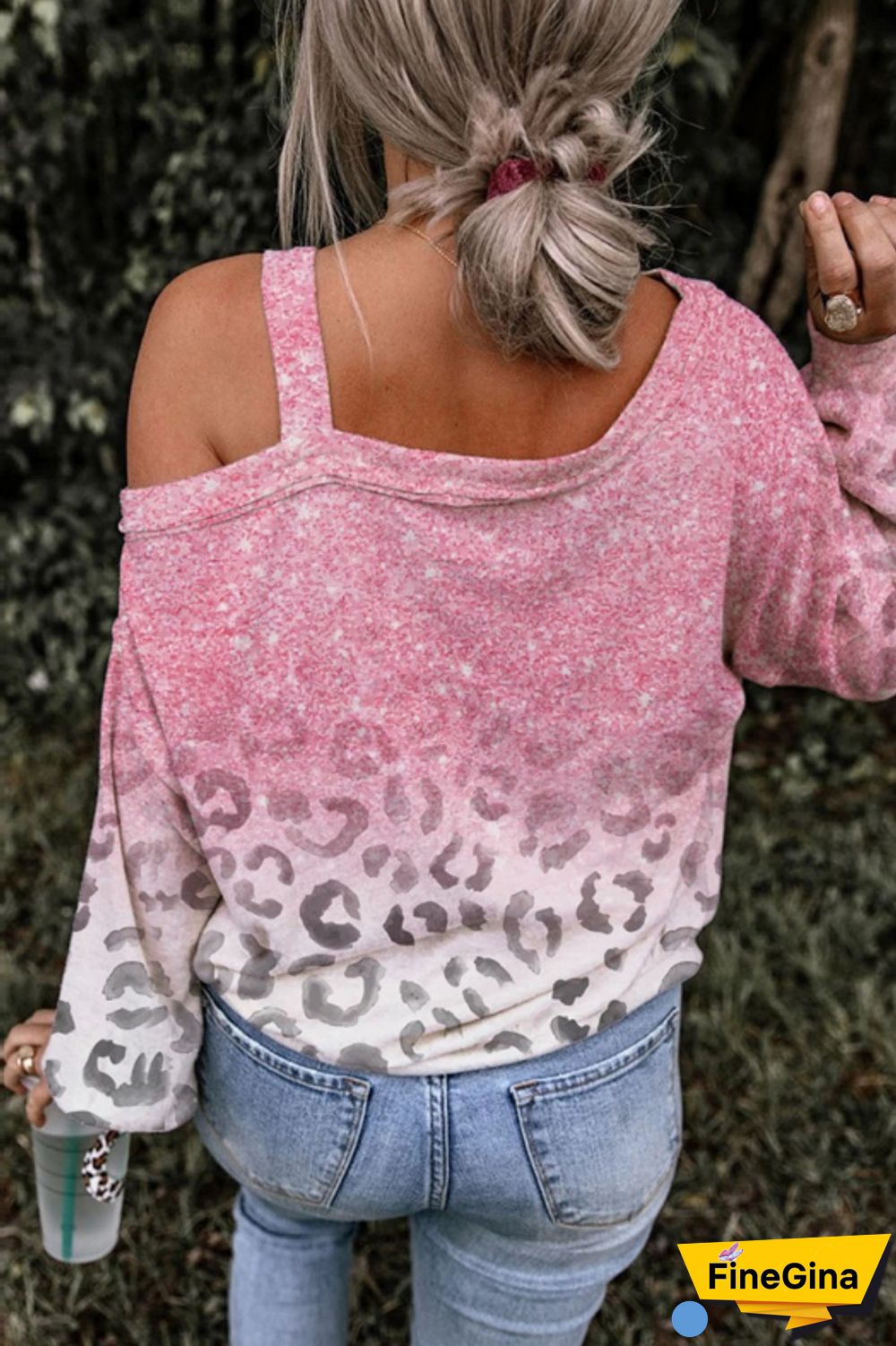 Pink Casual Gradual Change Print Basic Oblique Collar Tops