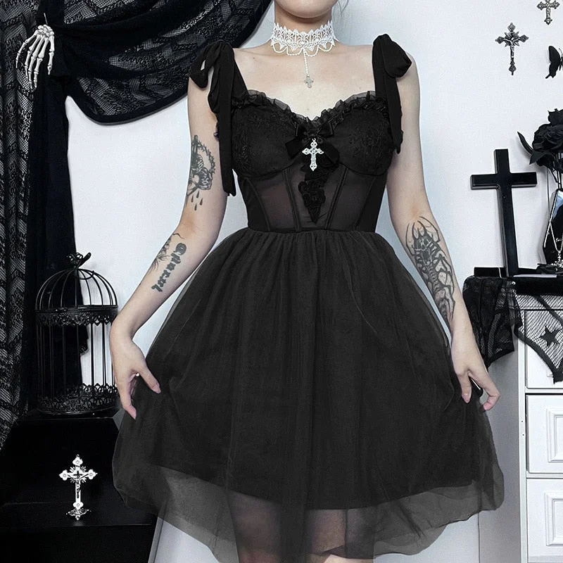 Sonicelife Halloween Gothic Y2K Dark Mesh See Through Corset Mini Dress Elf Girl Backless Slim  E-Girl Darkness Street Grunge Tank Dress