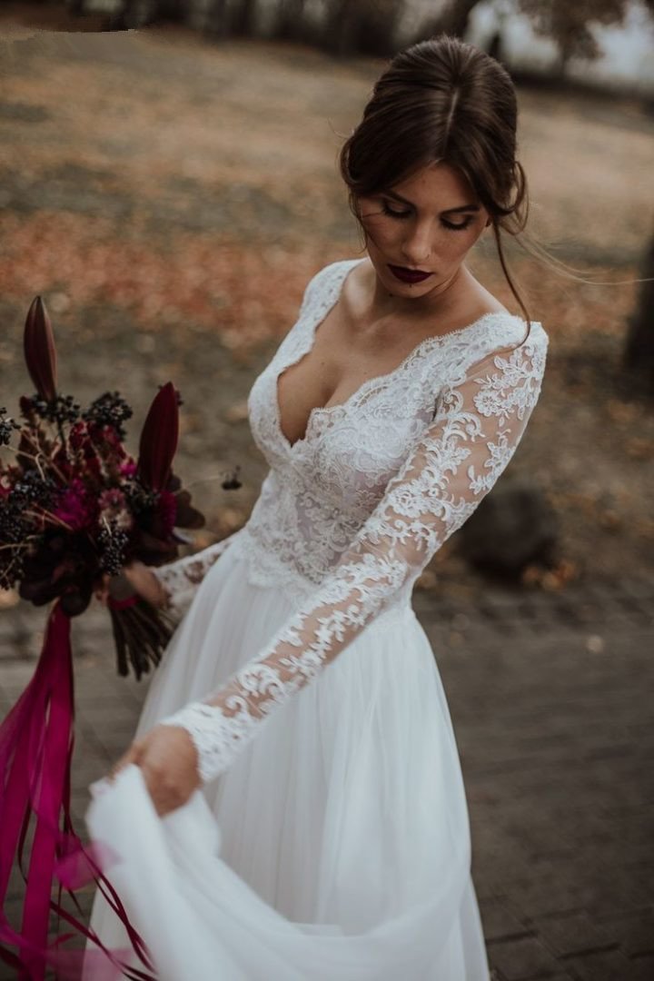 Long Sleeev V-Neck Lace Wedding Dress Chiffon Beach Bridal Gowns - lulusllly