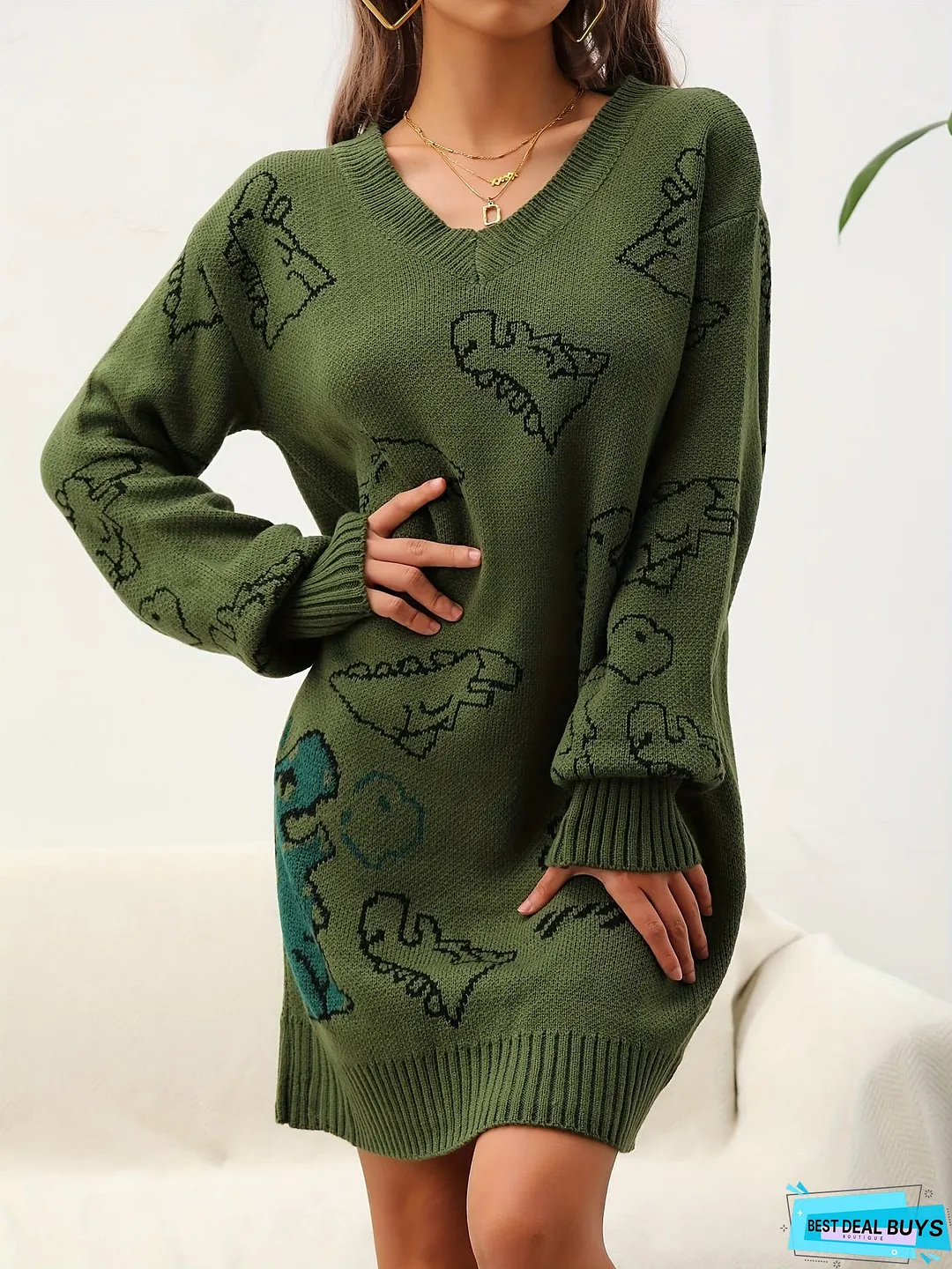 Cute Dinosaur Pattern V Neck Dress, Casual Long Sleeve Knitted Dress, Women's Clothing