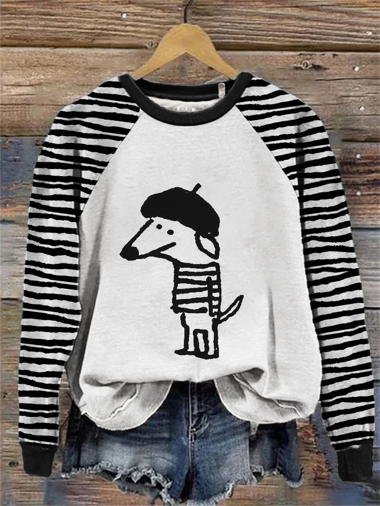 Comstylish Funny Hippie Dog Line Art Striped Raglan Sweatshirt
