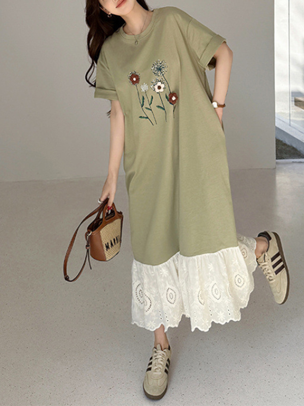 Floral Embroidery Patchwork Lace Ruffled Hem Short Sleeve Maxi Dress