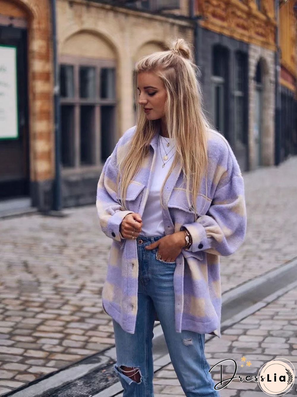 Stylish Sweet Plaid Woolen Shirt Jackets Women Fashion Pockets Turn-Down Collar Check Jacket Cute Girls Chic Coat Streetwear