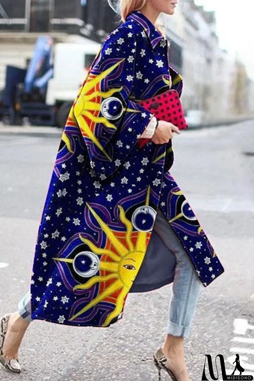 MidiSono - Yellow Blue Street Camouflage Print Patchwork Turndown Collar Outerwear