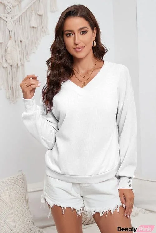 V-Neck Buttoned Long Sleeve Knit Top