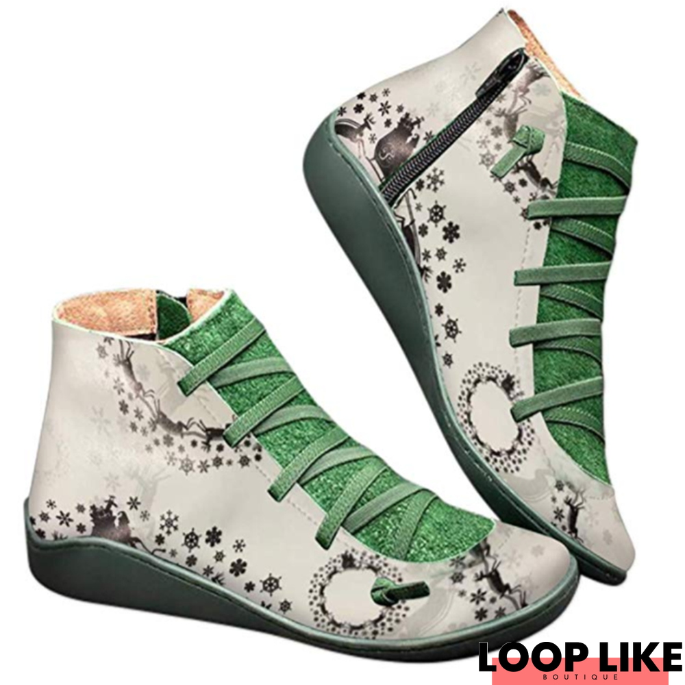 Winter Christmas Printed Flat Boots