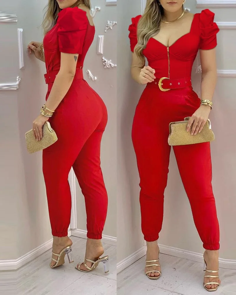2022 Women Summer Sping Plain Thick Strap Jumpsuit With Belt V-Neck Thick Strap Sleeveless Solid Casual
